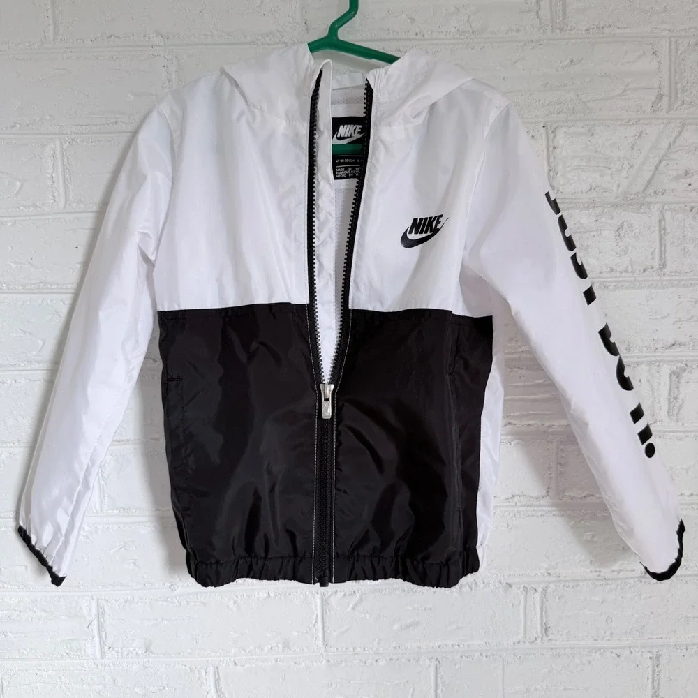 Nike Kids Windbreaker Jacket White Black Just Do It Hooded Size 4T